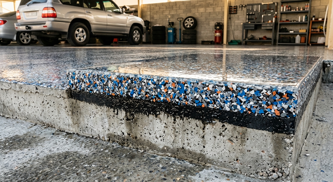 close up of garage flake floor layers
