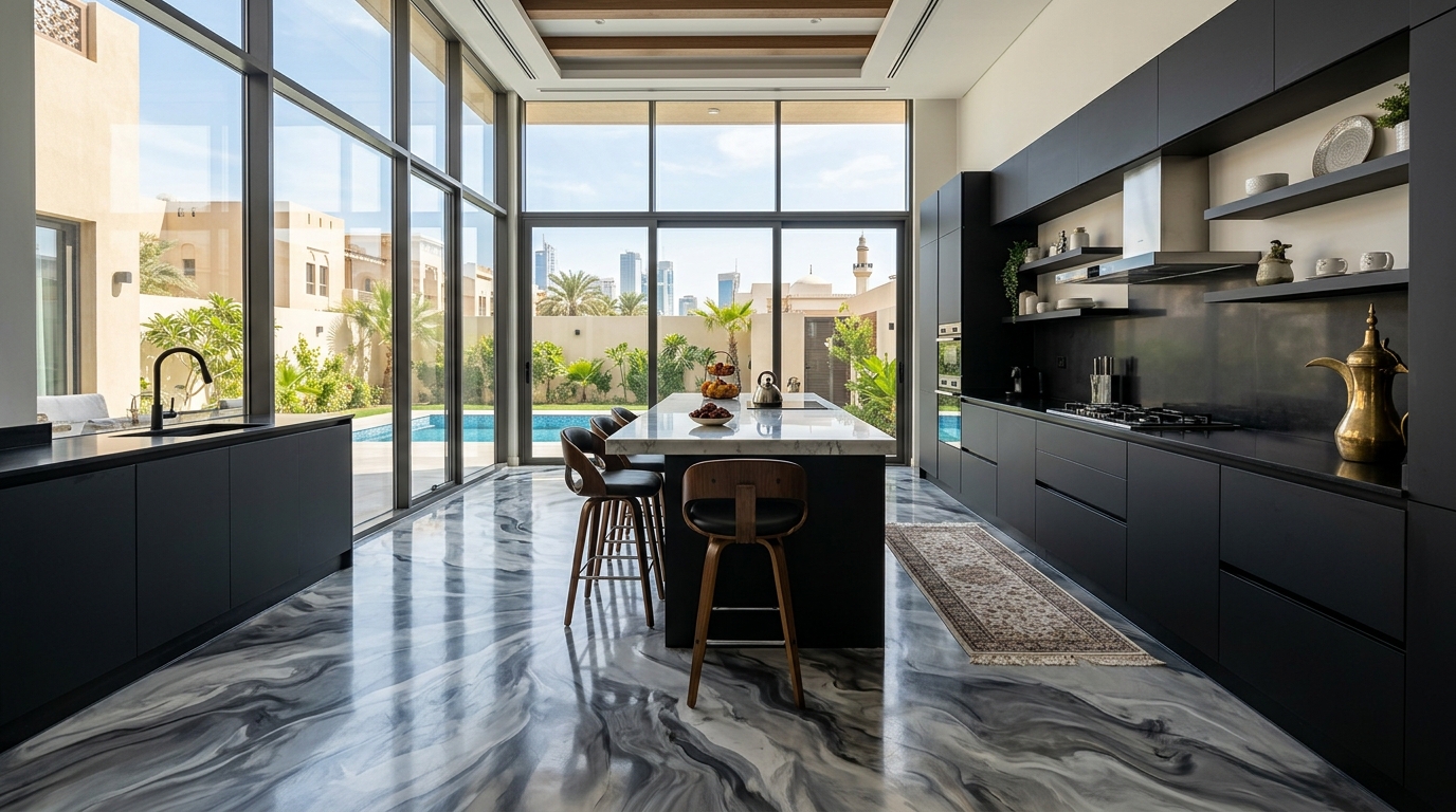 Metallic epoxy floor in a modern kitchen