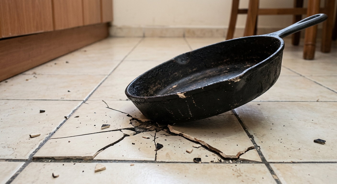 Dropped cast iron pan on broken ceramic tile