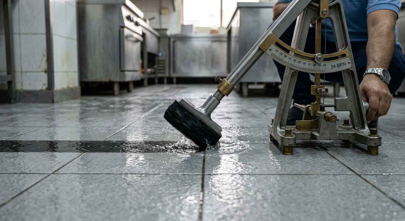 Pendulum slip testing machine on a tile floor
