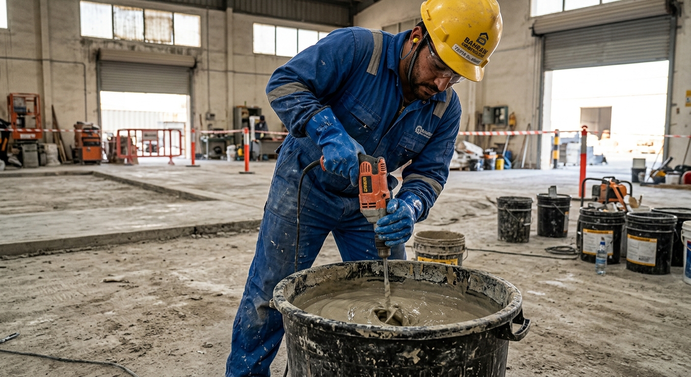 contractor mixing two part epoxy resin in bucket