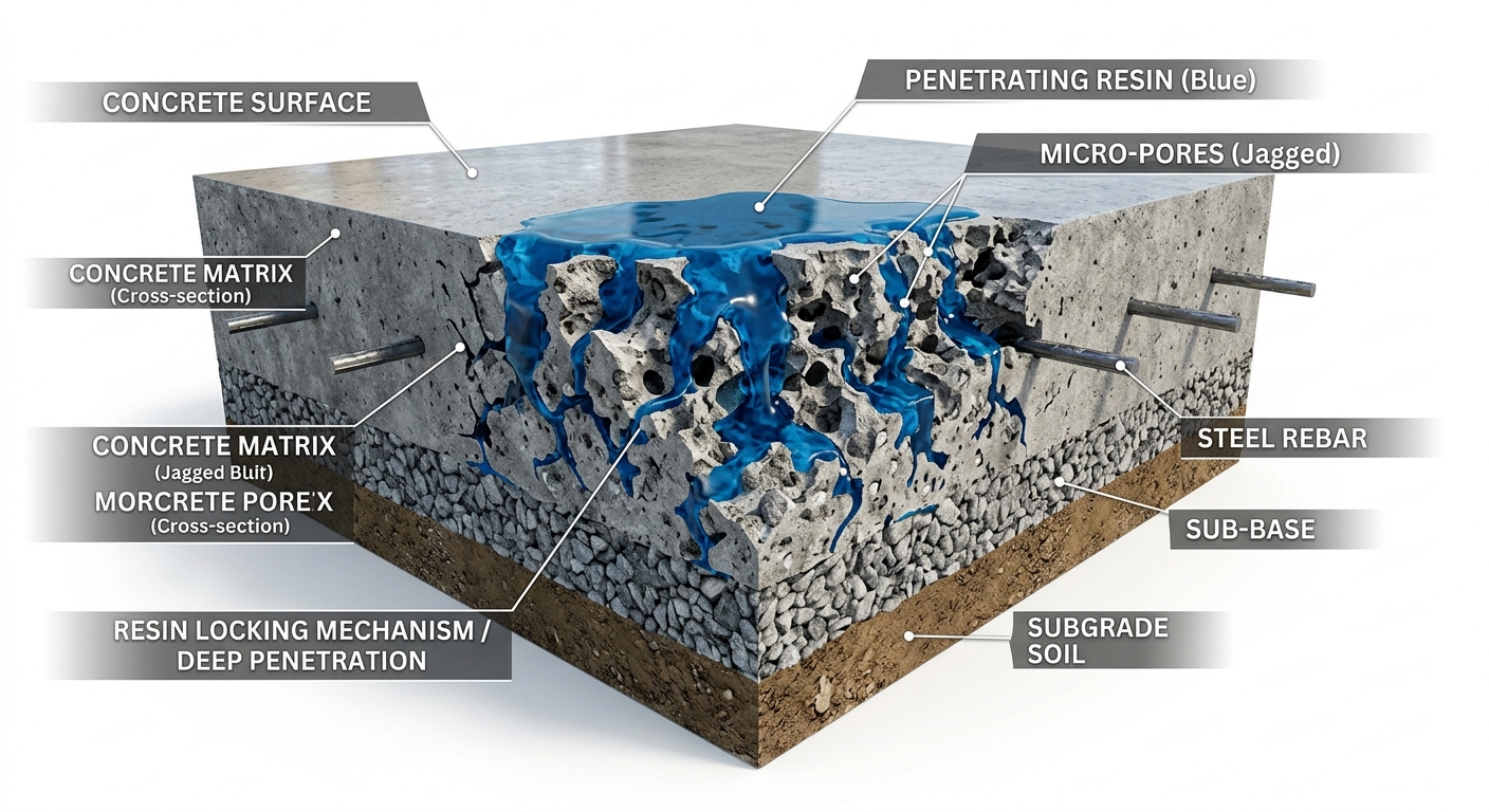 close up cross section of epoxy penetrating concrete pores