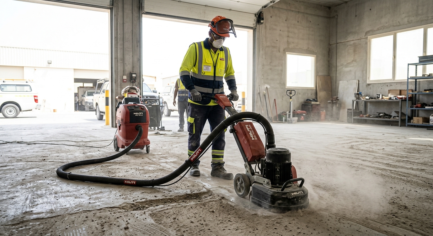 contractor operating heavy diamond grinder on a garage floor