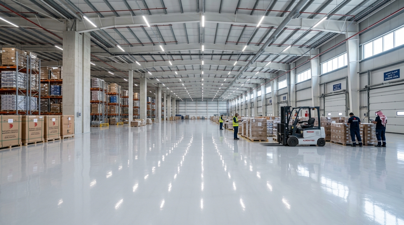 seamless gray epoxy floor in a modern warehouse