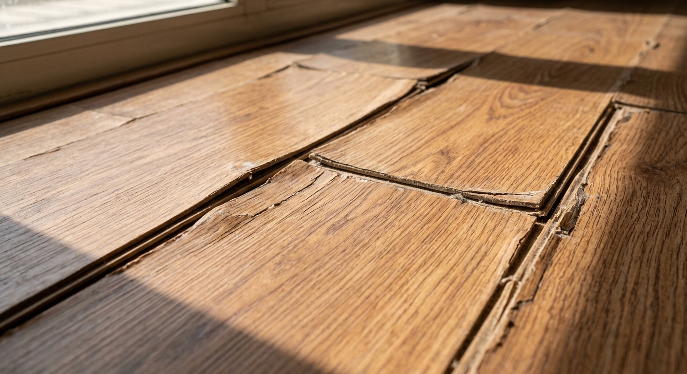 damaged laminate floor showing water swelling