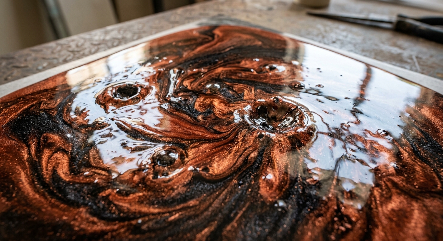 Close up of metallic epoxy resin curing process with chemical swirls