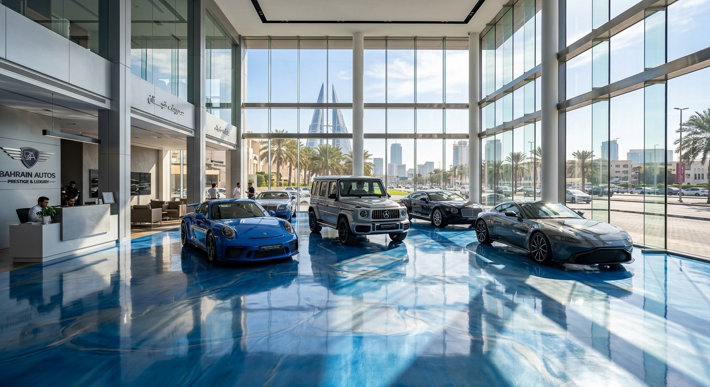 Commercial showroom with metallic epoxy floor and large windows