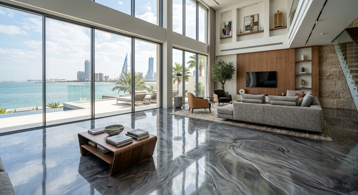 Seamless metallic epoxy floor in a modern luxury villa