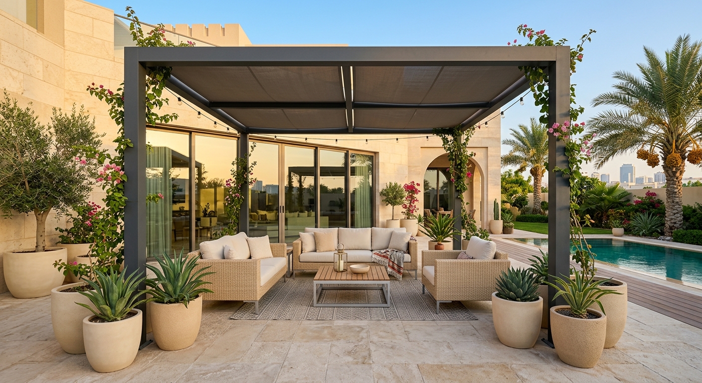 Bahrain villa garden with durable outdoor furniture