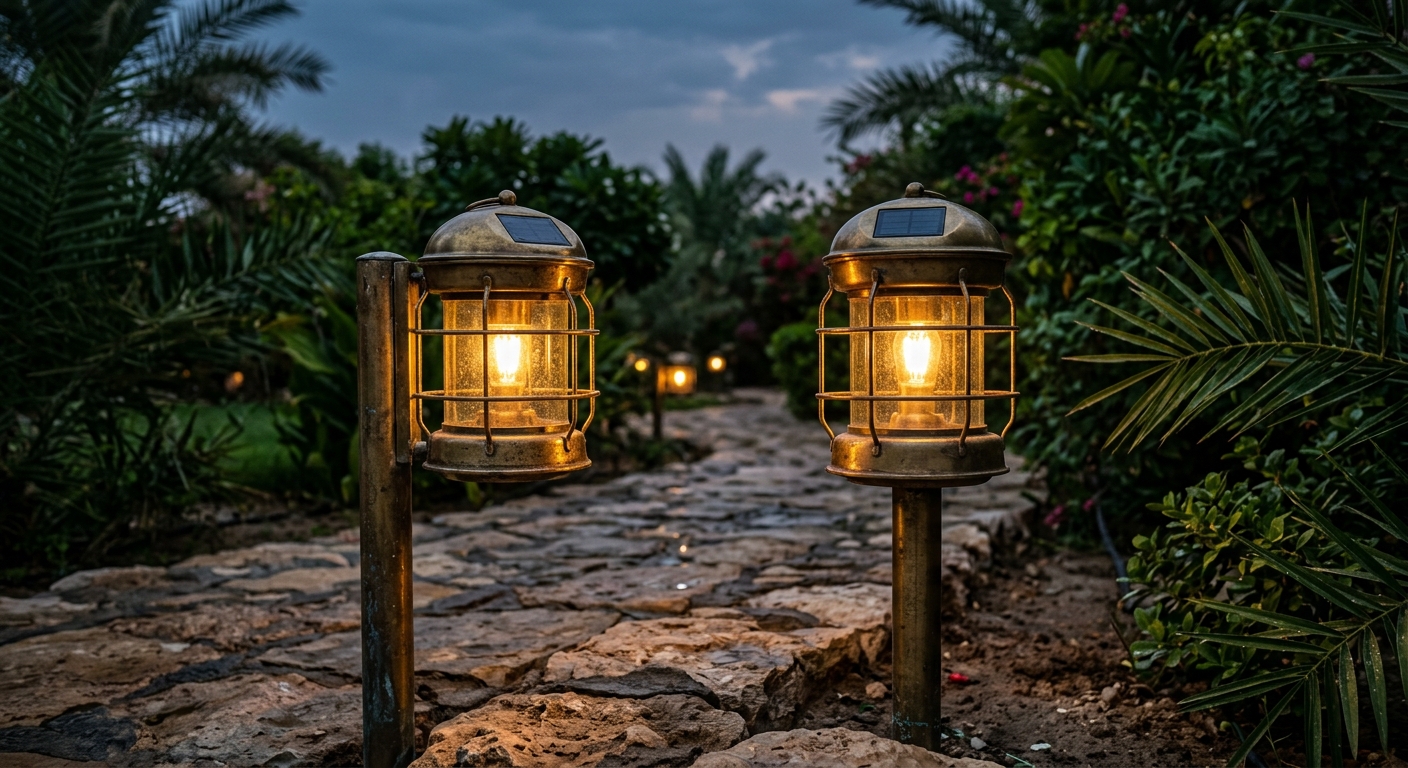 Solar pathway lights in a garden