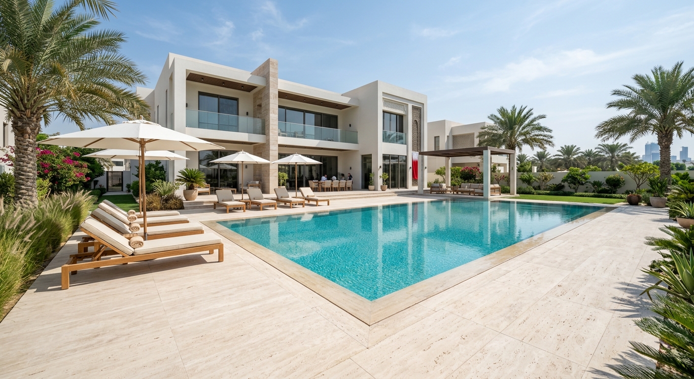 Light travertine pool deck