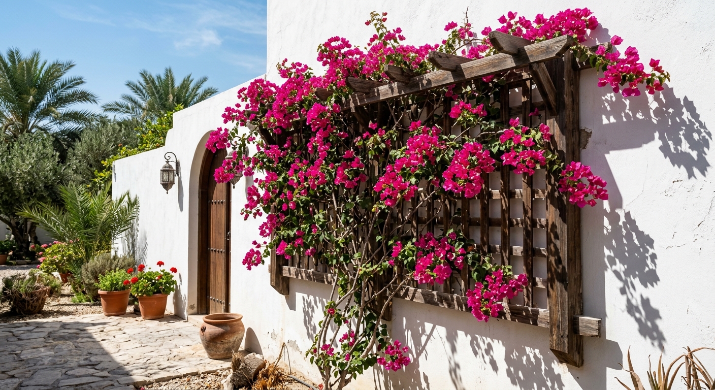 Bougainvillea growing on a wooden trellis