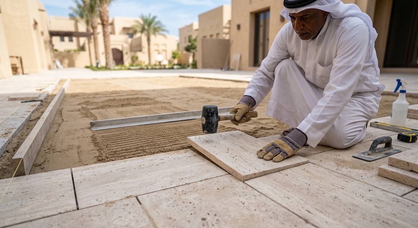 Travertine patio being installed over sand base