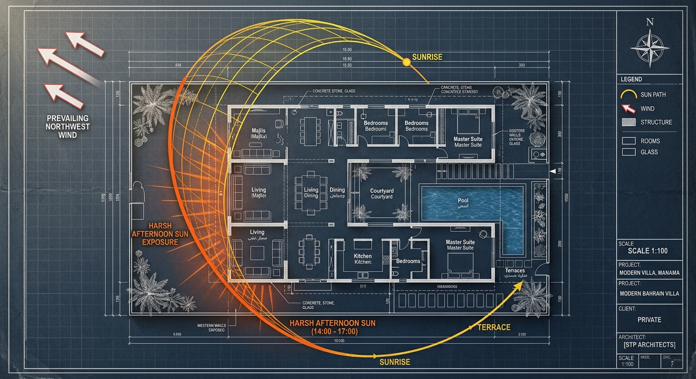 Architectural sun path diagram over a Bahrain villa