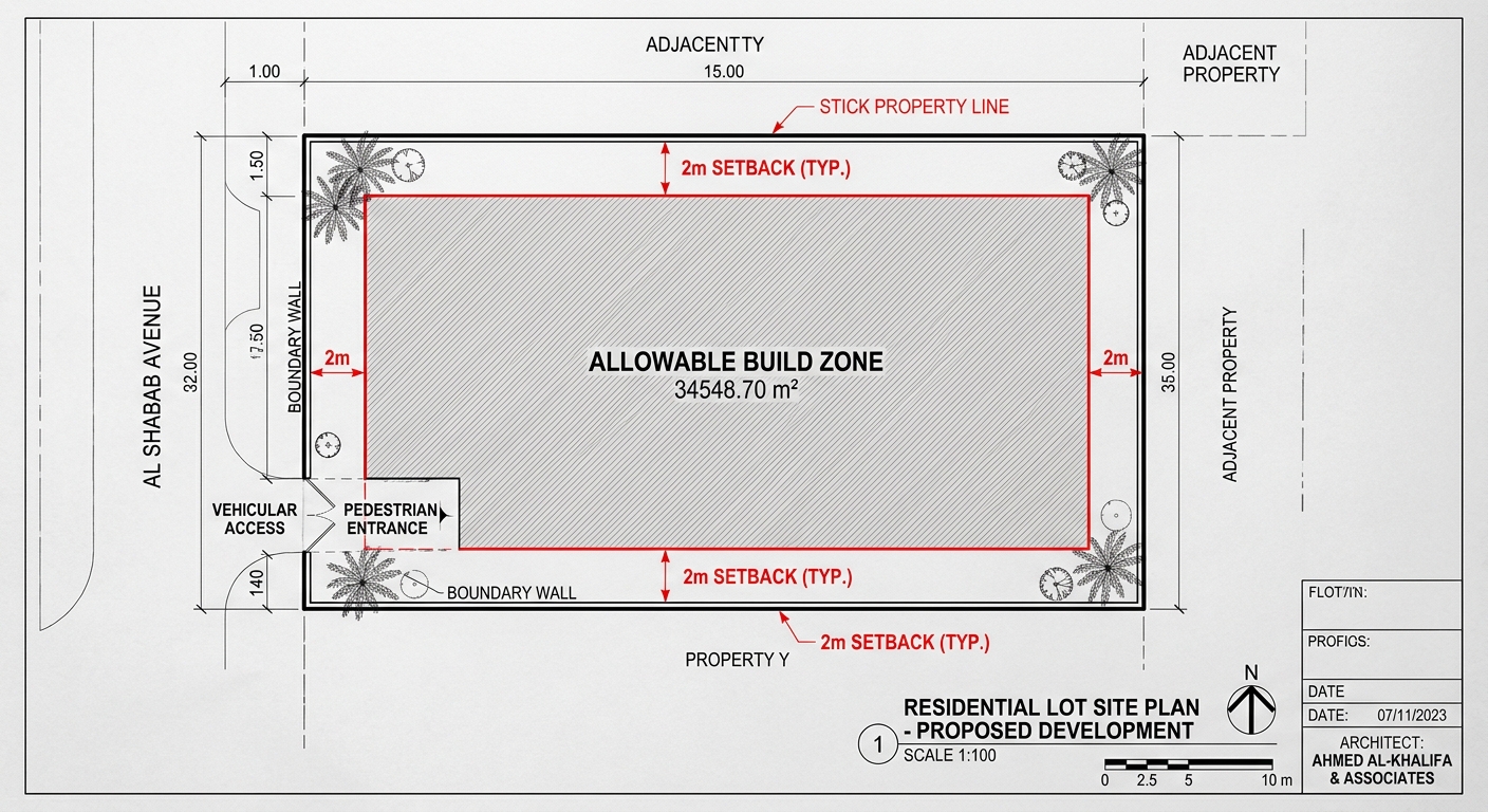 architectural blueprint showing property setbacks