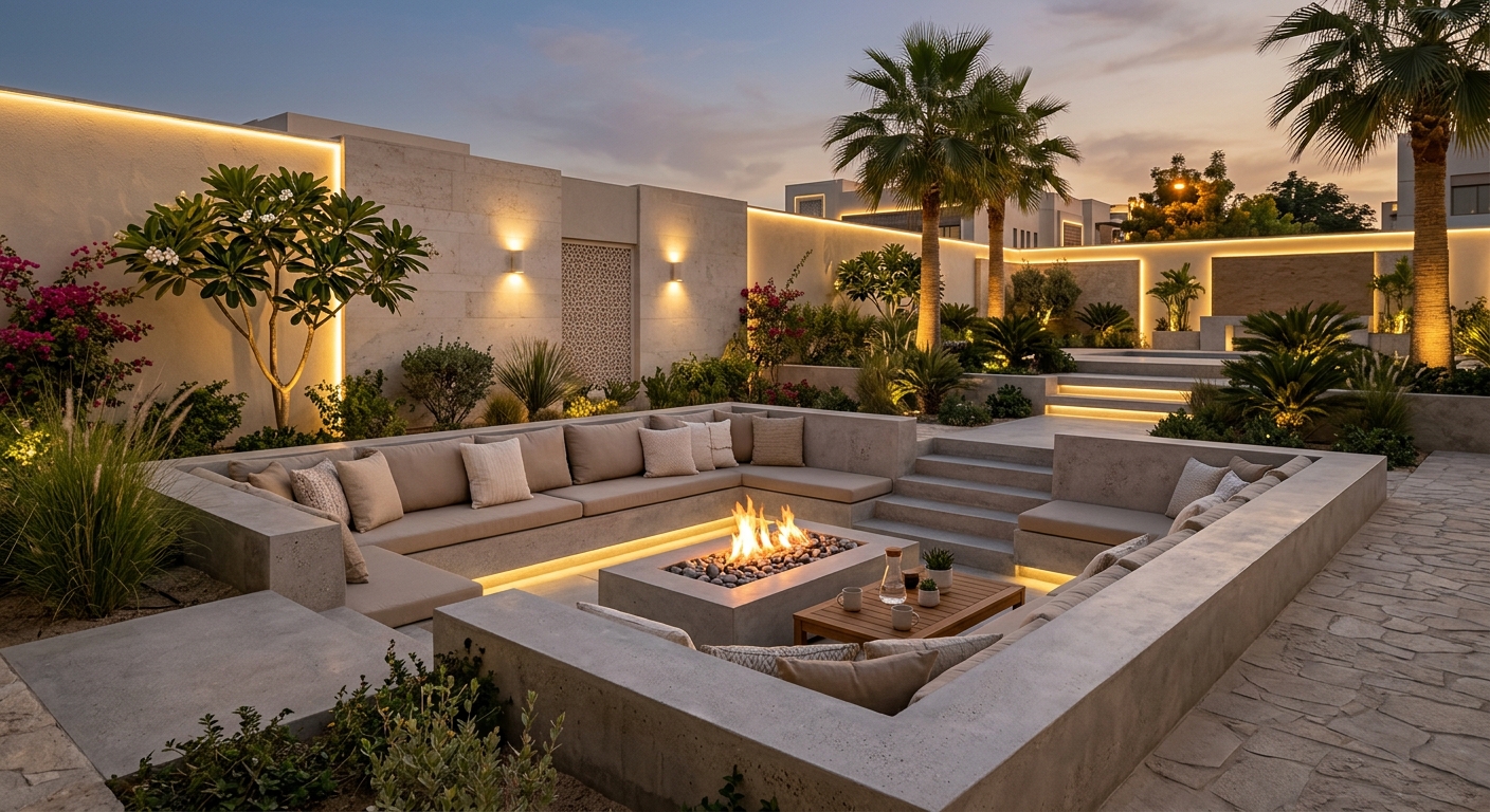 sunken concrete outdoor seating area