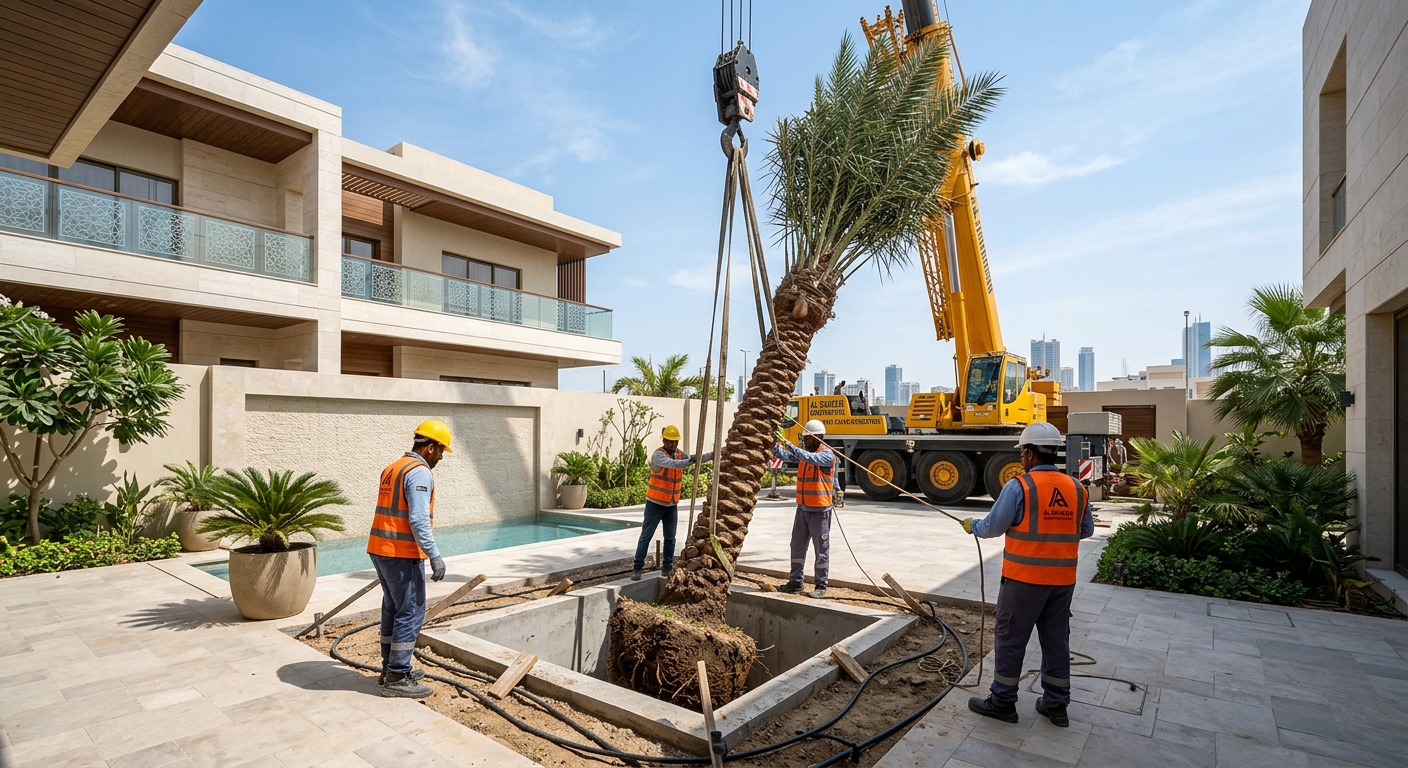Crane lowering mature palm tree into villa garden