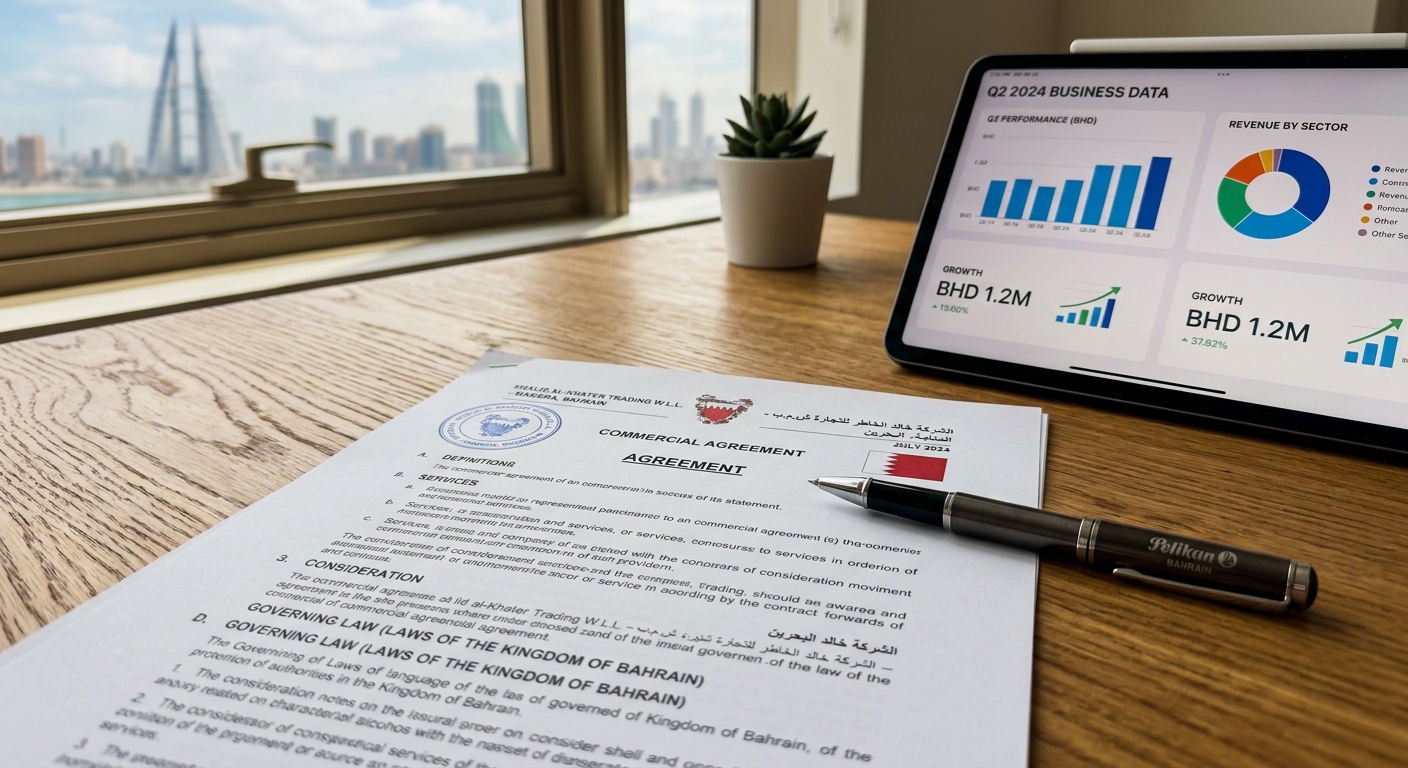 close up of a contract next to a tablet displaying business data