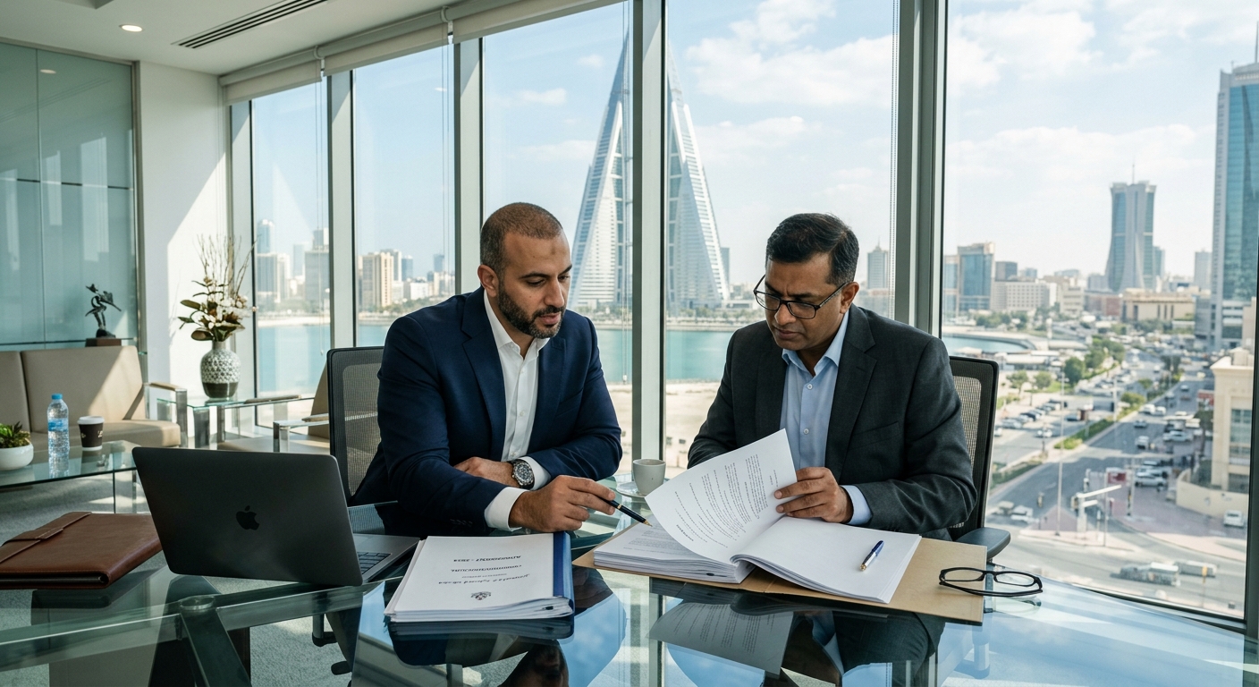 Businessmen reviewing lease agreement in Bahrain office