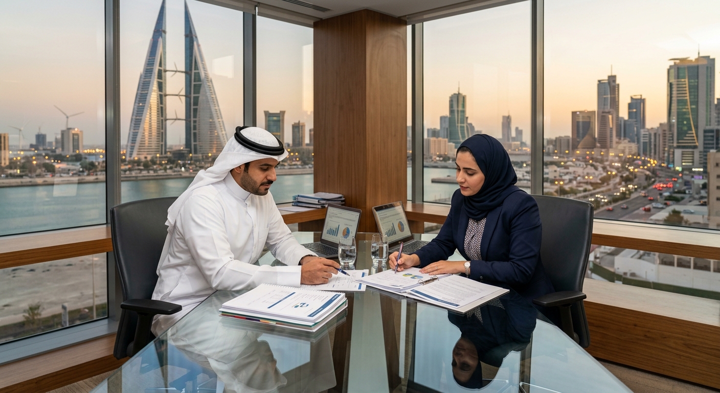 Corporate founders reviewing contracts