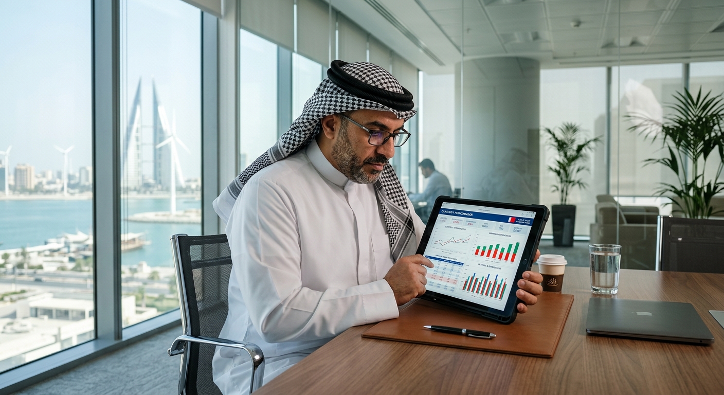 Business professional verifying digital records on a tablet