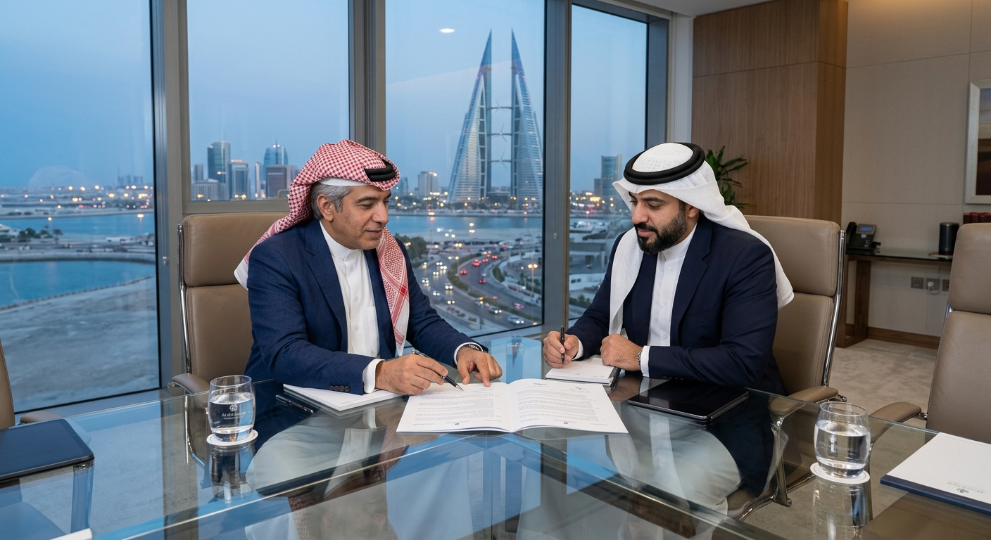 Two professionals reviewing a contract in a Manama office
